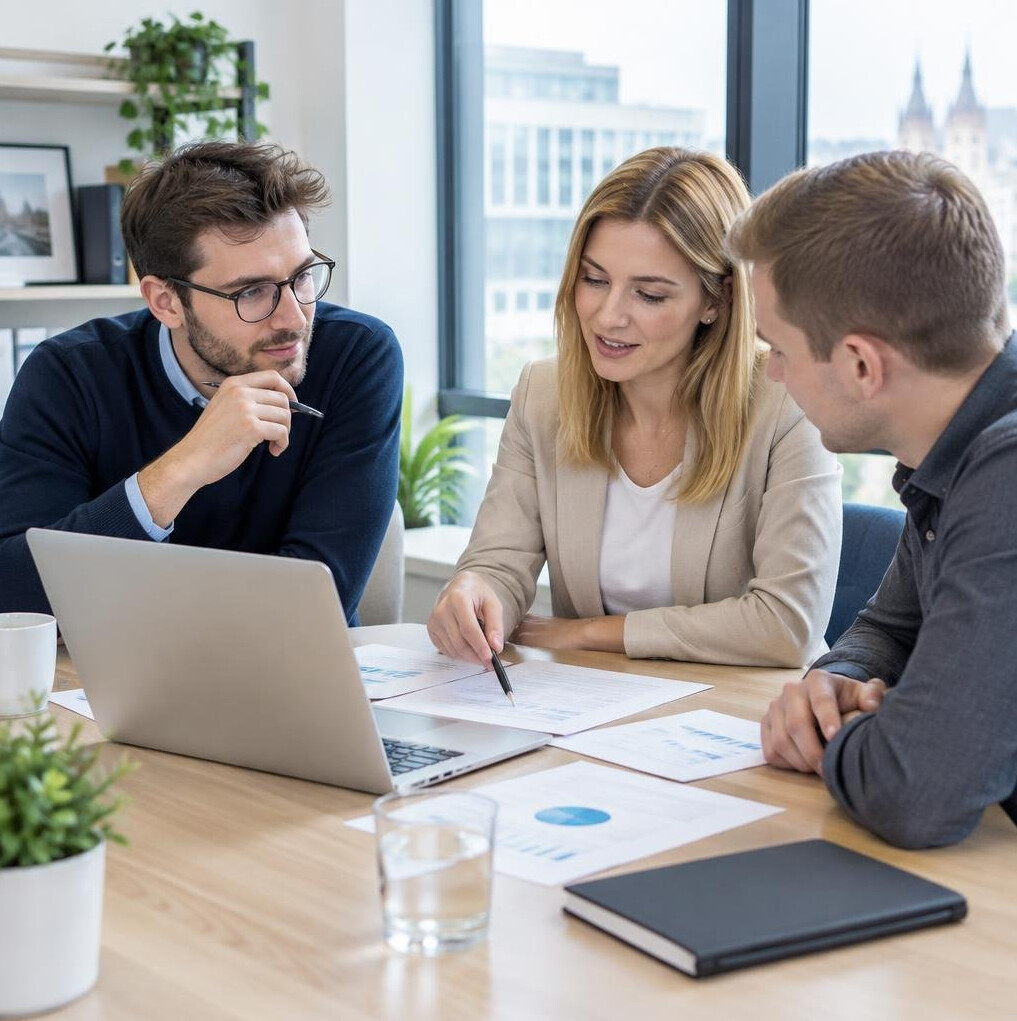 Small team of colleagues discussing around a table
