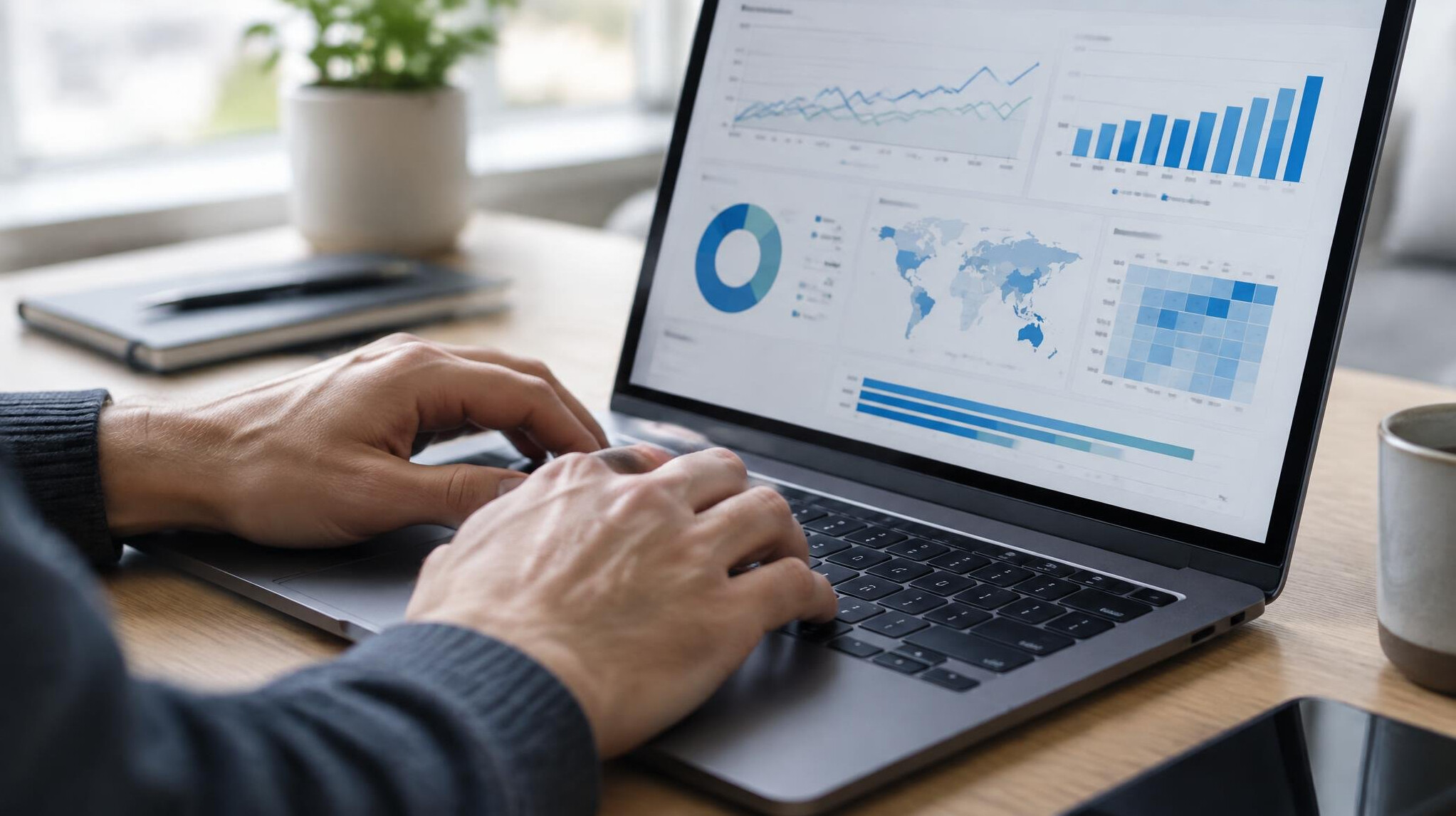 Close-up of hands typing on a laptop with data charts